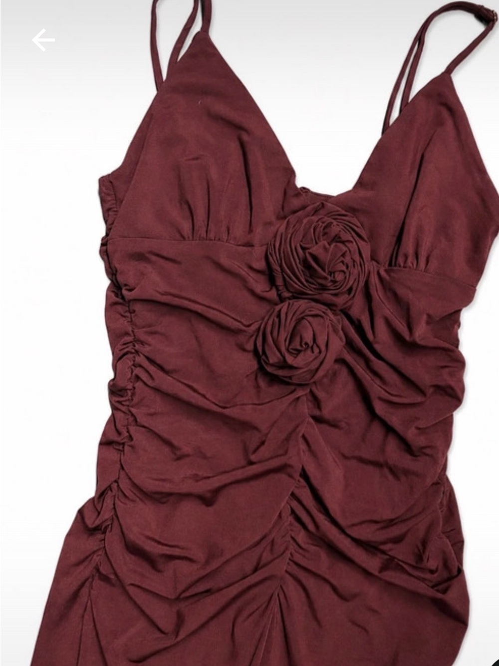 Zara Burgundy Ruched Maxi Dress with Floral Rosette Accents